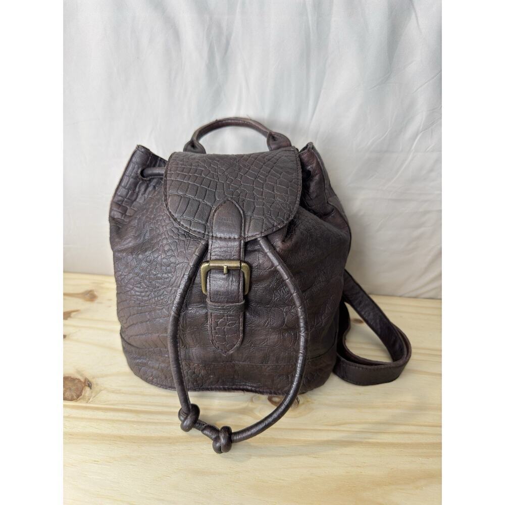 Free People Dark Brown Croc-Embossed Leather Backpack